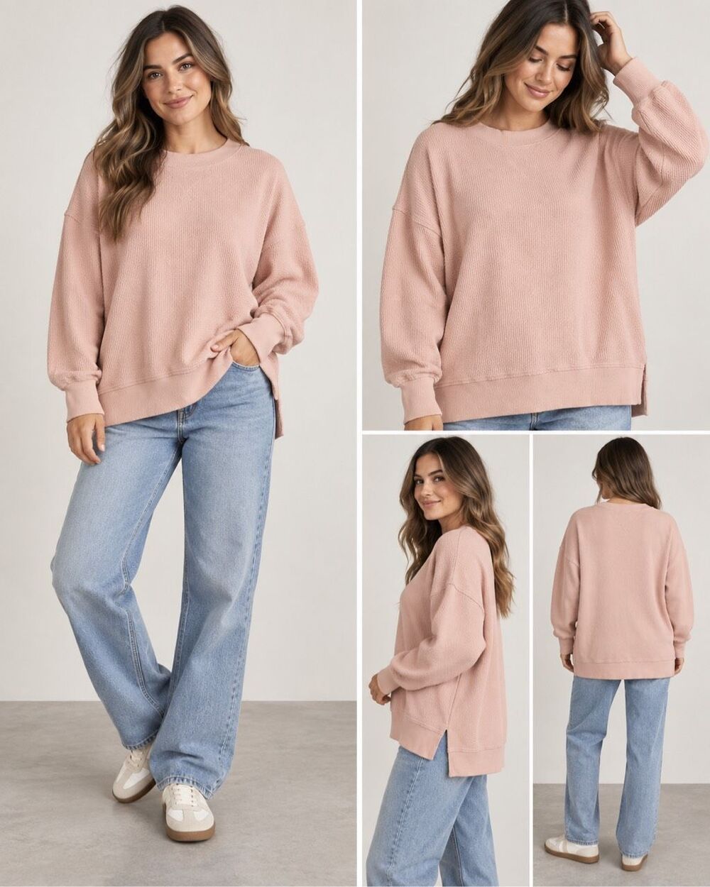 Aerie L Oversized Waffle Knit Crewneck Sweatshirt Blush Pink Side Slit Cozycore